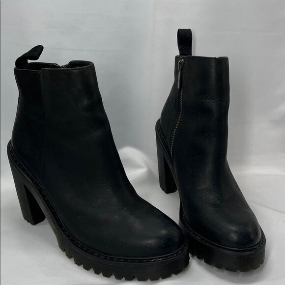 Black Leather Dr. Martens Magdalena Chunky Heeled Boots - Picture 1 of 10